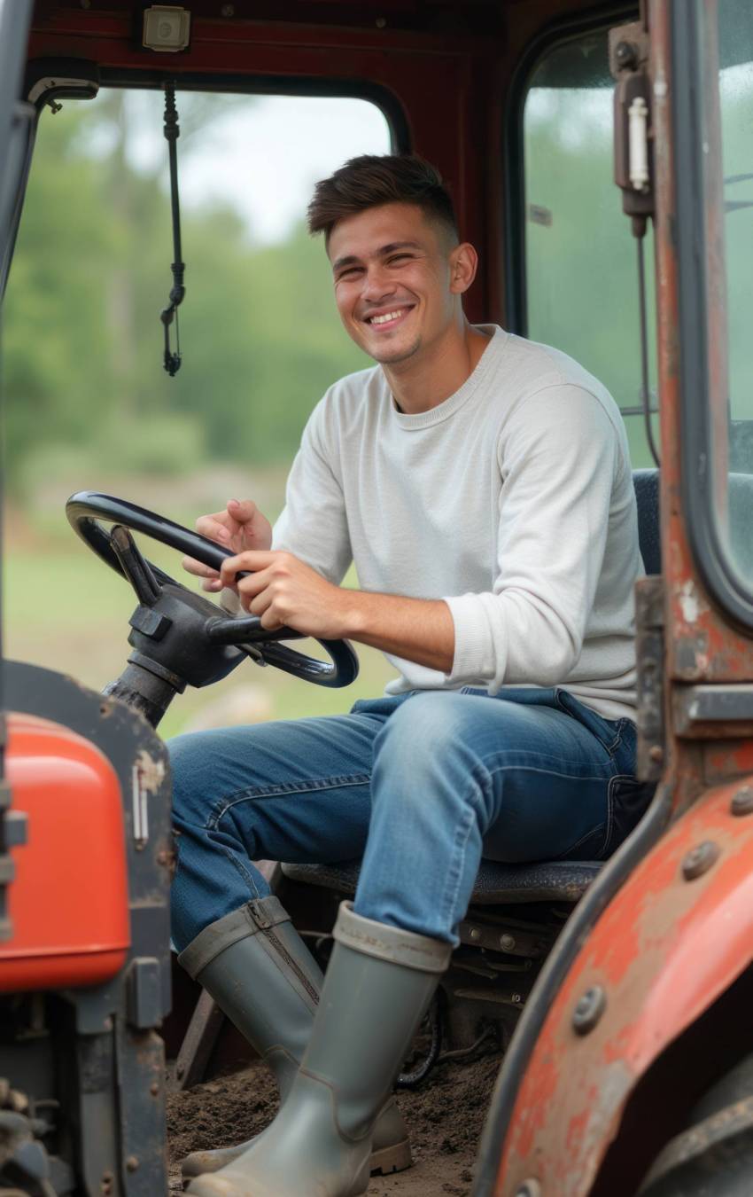 A cheerful young man sits confidently in the driver's seat of a tractor, exuding a sense of joy and purpose. Dressed in a casual light sweater and sturdy jeans, he wears rubber boots, ready for a day of hard work in the lush green countryside.